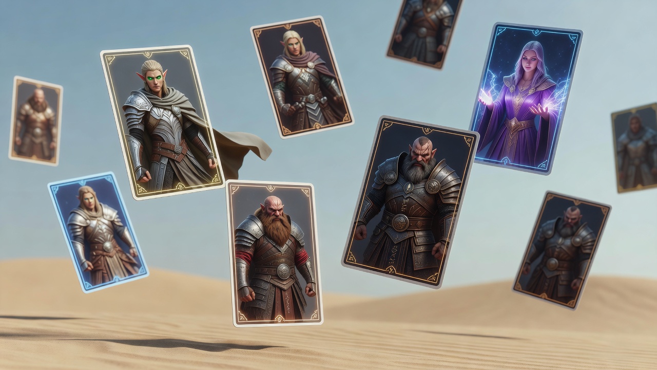 Floating collectible RPG character cards in summer breeze