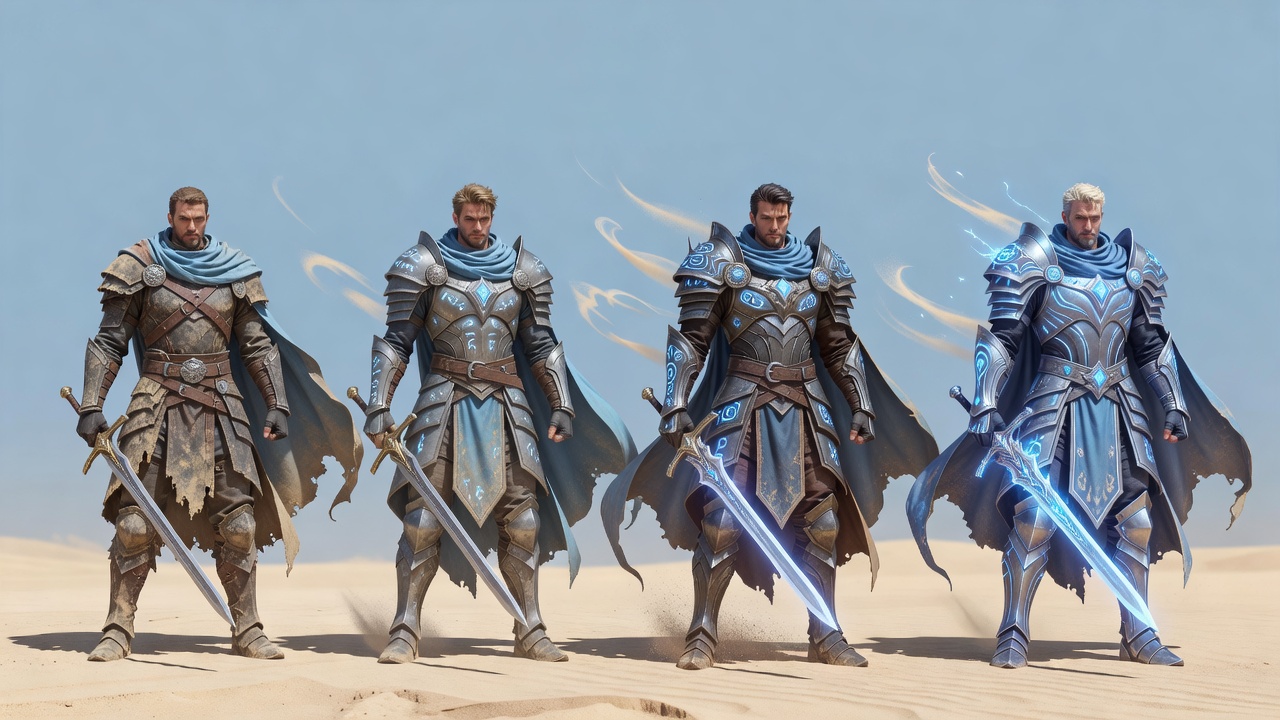 Fantasy hero shown in multiple progression upgrade stages