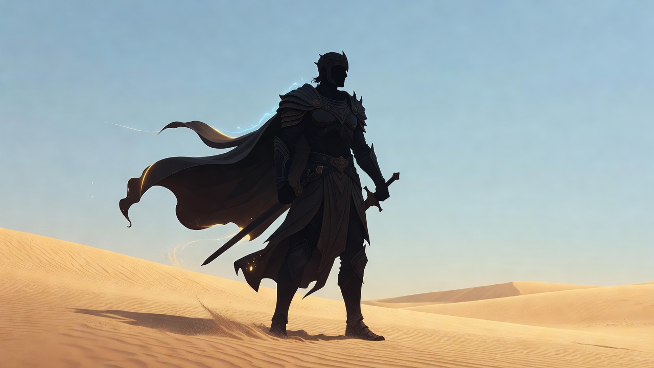 Hero silhouette against a wind path sky representing game exploration