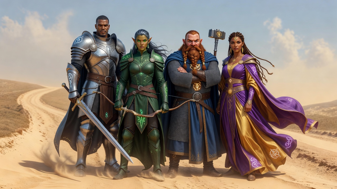 Fantasy heroes team building on a summer wind path